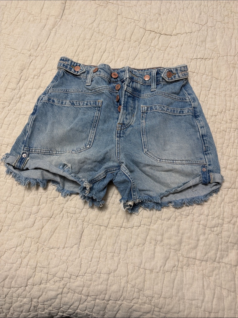 We The Free Light Blue High-Rise Distressed Denim Shorts